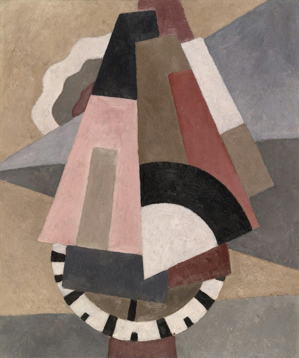 a painting of a geometric design with black, white, red, and grey colors