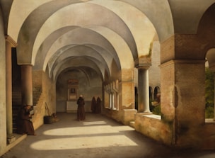 A serene meditation hall where novices gather for teachings and reflection.