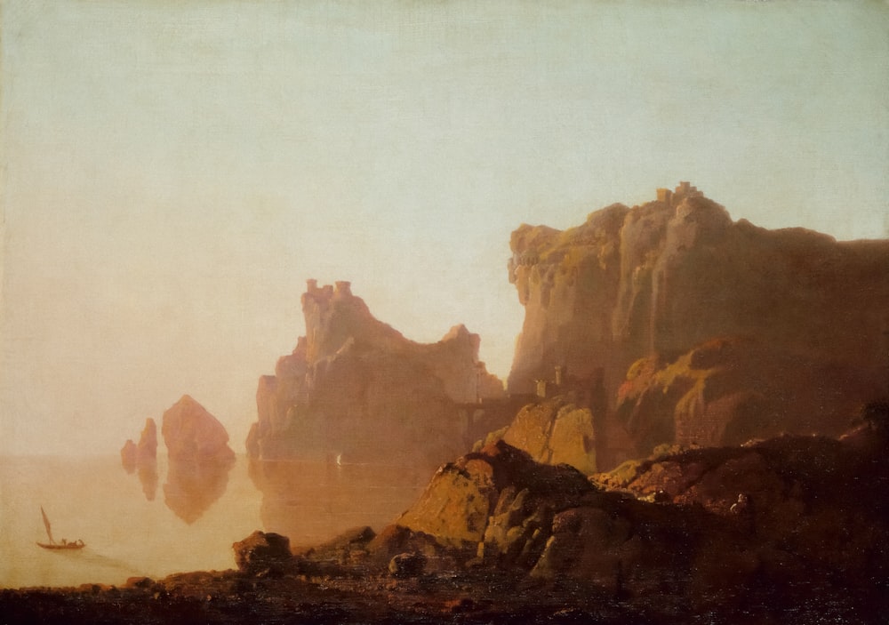 a painting of a rocky coast with a boat in the water