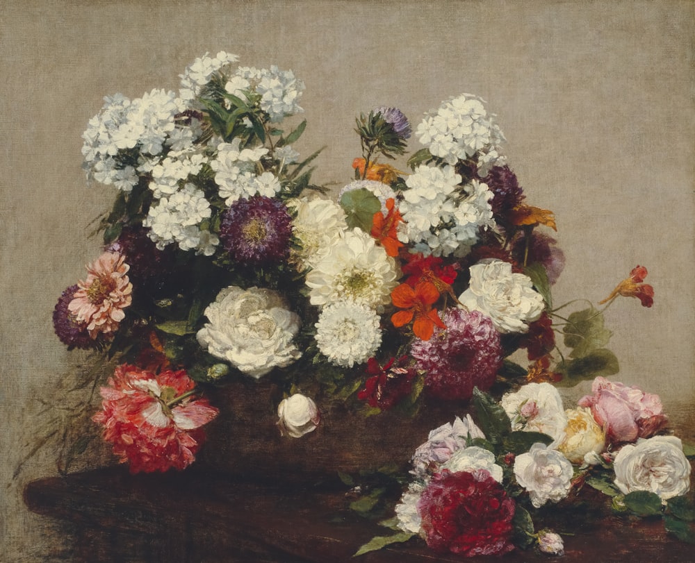 un dipinto di un mazzo di fiori in un vaso