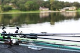 Several fishing rods with reels are laid out on a surface near a calm body of water. The background includes a tranquil lake with reflections of greenery and distant buildings on the other side.