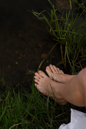 A serene scene of a person barefoot on pine-green grass under warm sunlight, embodying natural living.