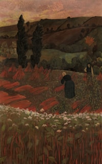 A rural landscape painting depicts a hilly countryside with two tall, dark trees standing prominently in the foreground. The fields are rich with reddish and orange tones, suggesting harvested crops or perhaps mounds of autumn leaves. In the distance, rolling hills are dotted with sparse trees under a sky painted in hues of pink and orange, indicating either dawn or dusk. Two figures can be seen in the scene, one closer and bent over, perhaps engaged in work, and another further back, standing upright.