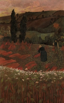A rural landscape painting depicts a hilly countryside with two tall, dark trees standing prominently in the foreground. The fields are rich with reddish and orange tones, suggesting harvested crops or perhaps mounds of autumn leaves. In the distance, rolling hills are dotted with sparse trees under a sky painted in hues of pink and orange, indicating either dawn or dusk. Two figures can be seen in the scene, one closer and bent over, perhaps engaged in work, and another further back, standing upright.