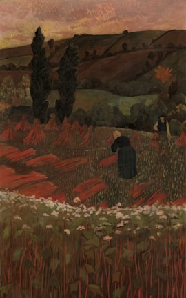 A rural landscape painting depicts a hilly countryside with two tall, dark trees standing prominently in the foreground. The fields are rich with reddish and orange tones, suggesting harvested crops or perhaps mounds of autumn leaves. In the distance, rolling hills are dotted with sparse trees under a sky painted in hues of pink and orange, indicating either dawn or dusk. Two figures can be seen in the scene, one closer and bent over, perhaps engaged in work, and another further back, standing upright.