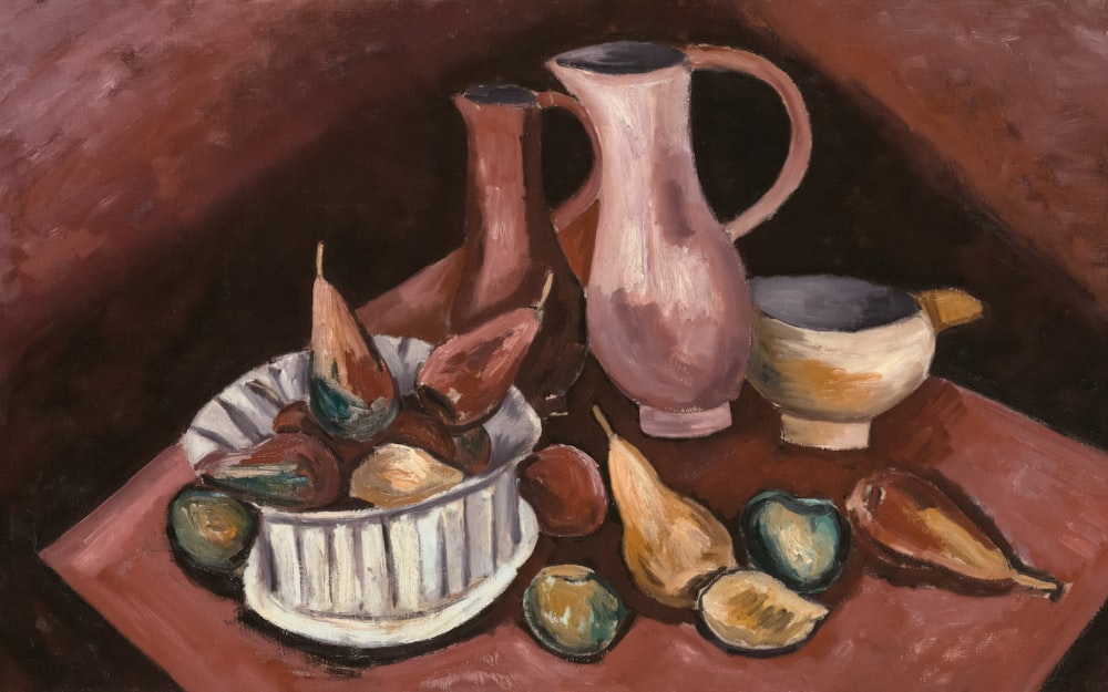 a painting of a bowl of fruit and a pitcher