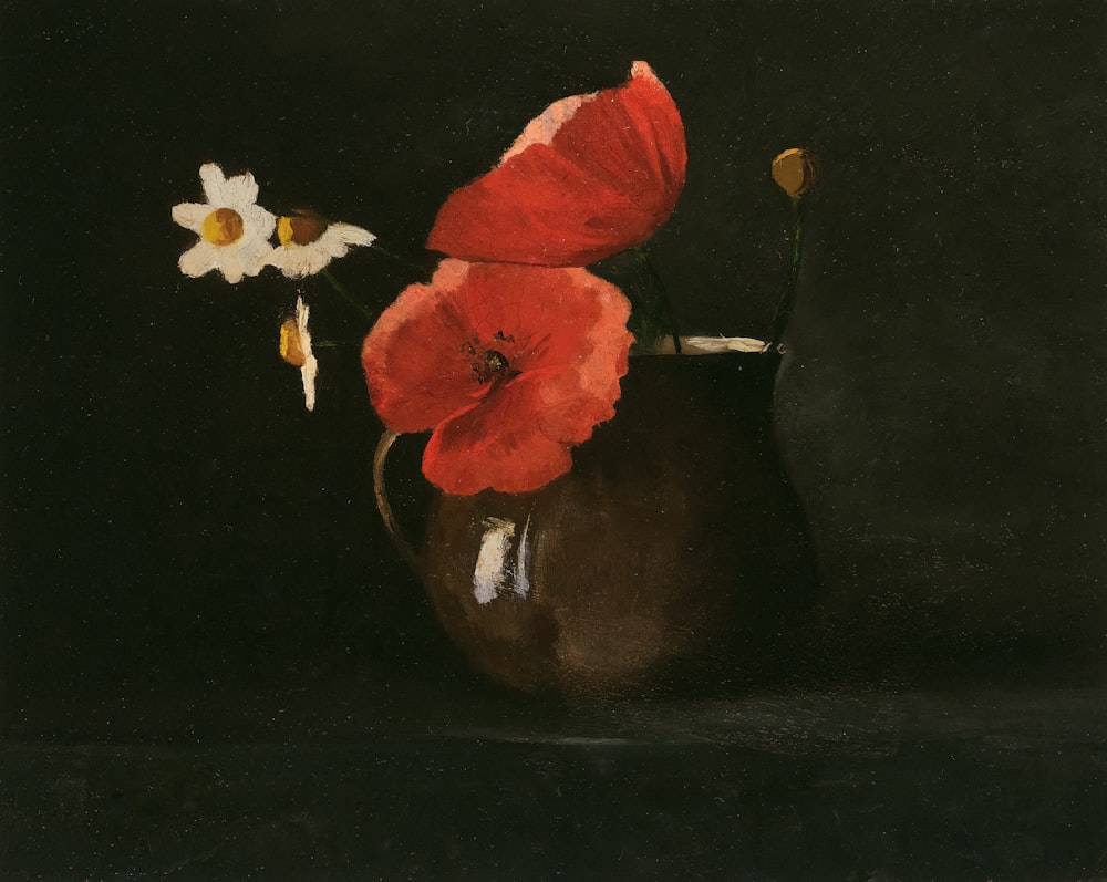 a painting of red and white flowers in a brown vase