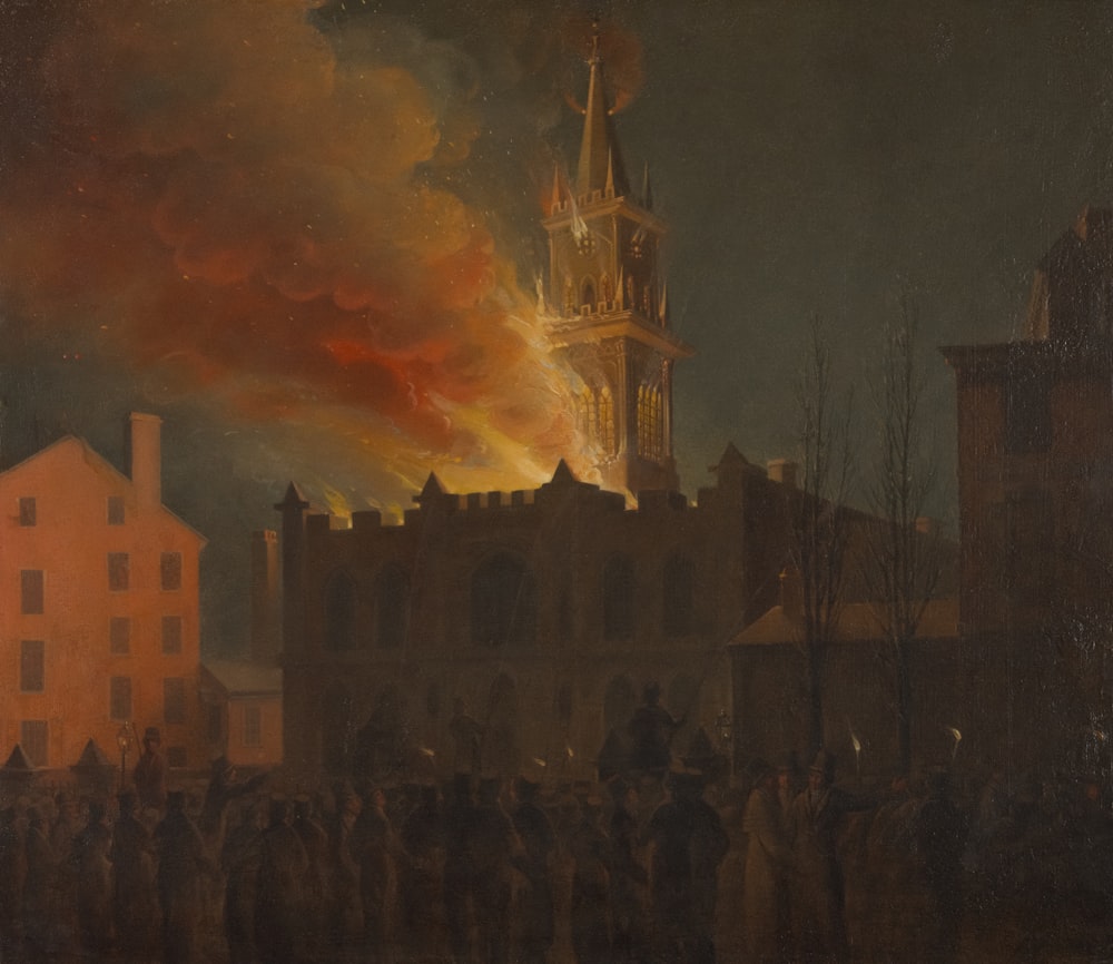 a painting of a fire burning in a city