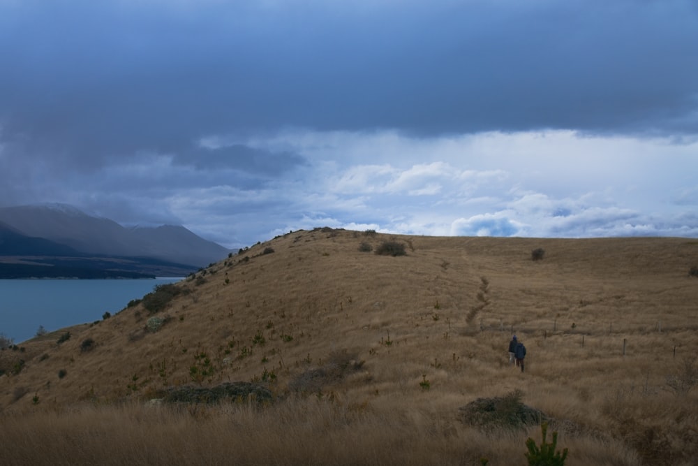 a person walking up a hill towards a body of water