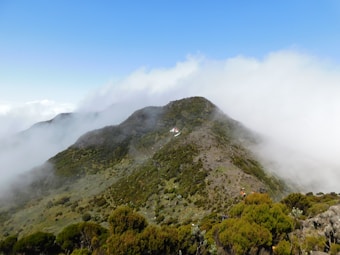 A lush green mountain landscape with a peak flanked by mist and clouds. The vegetation is dense, displaying a variety of green hues. A small structure sits near the summit, and a few hikers in bright clothing can be seen.