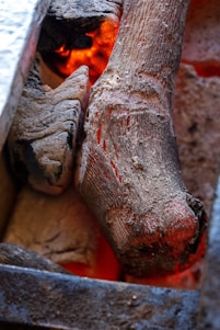 Close-up of smoked wood chips glowing softly in a traditional smoker.
