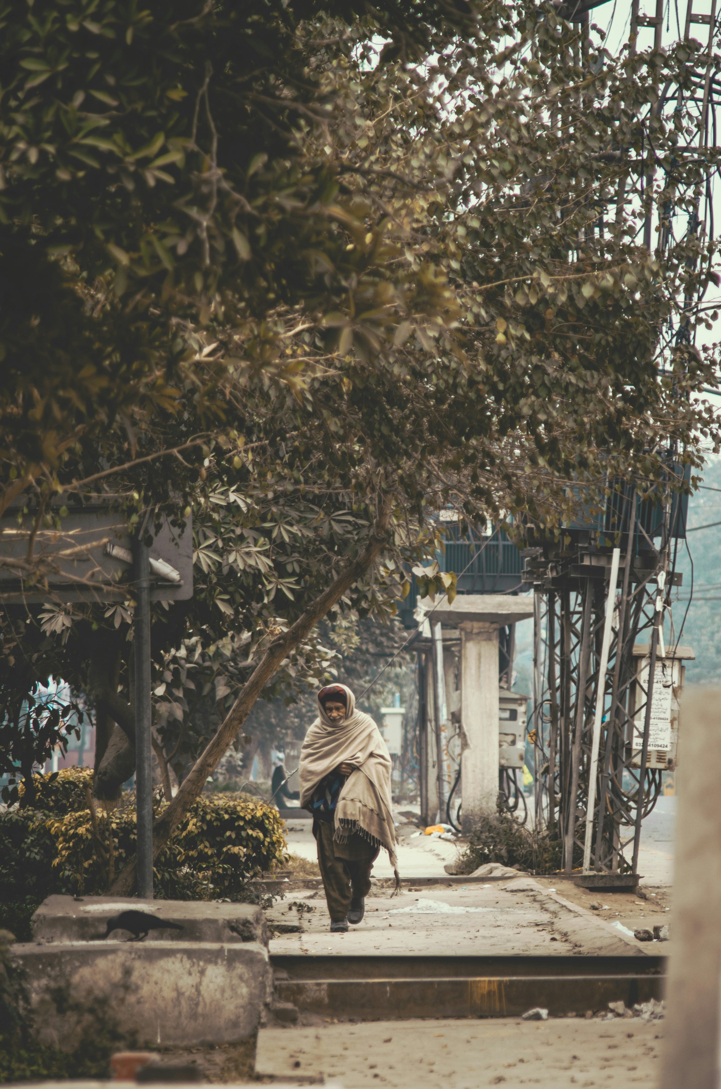 a man walking down a street next to a tree