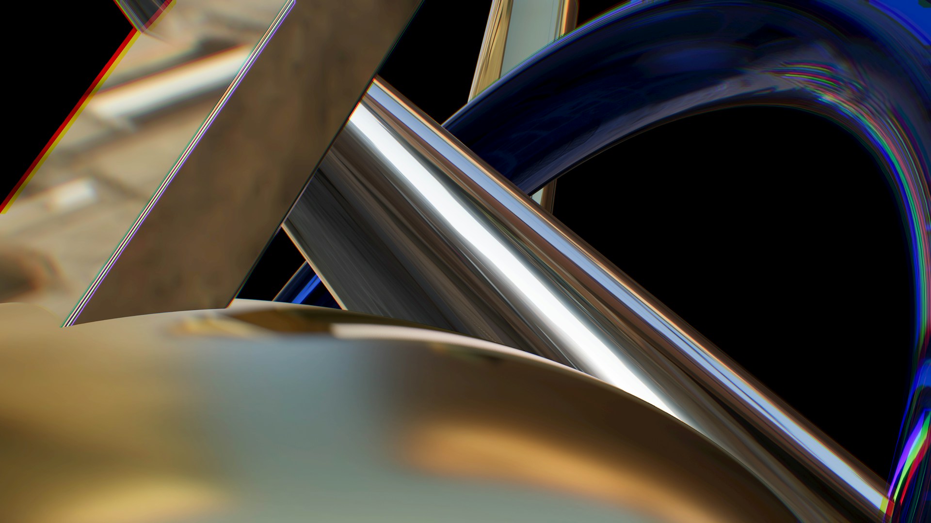 A dynamic composition blending experimental urban art with metallic highlights and bold, irregular shapes on a dark background.