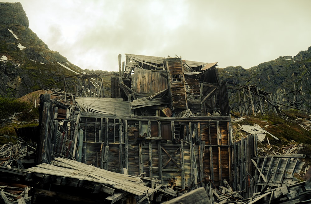 a pile of rubble with a mountain in the background