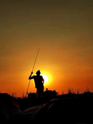 A hunter silhouetted against a sunrise, carrying gear through tall grass.