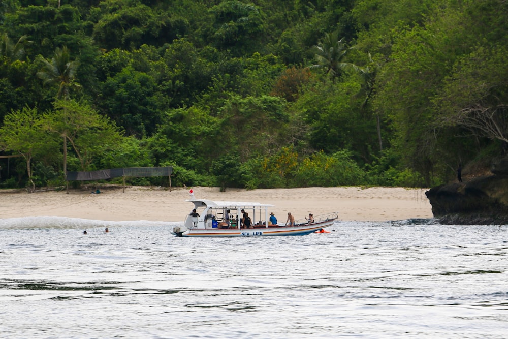 a group of people riding on the back of a boat