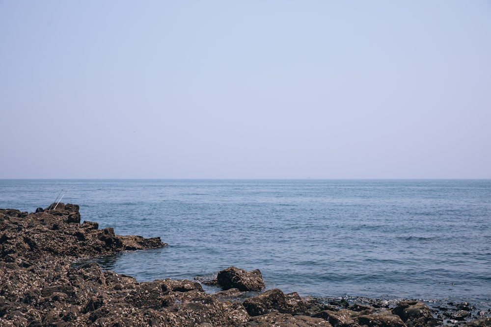 a large body of water sitting next to a rocky shore