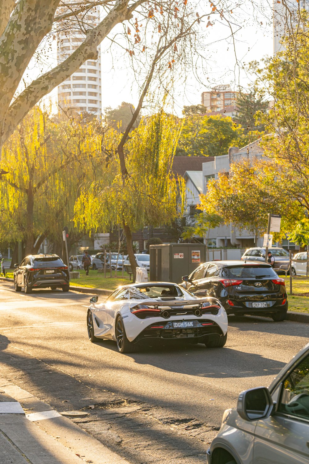 a group of cars driving down a street next to a tree