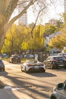 An estate car driving through a leafy suburban neighborhood on a sunny day.
