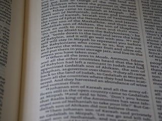 A close-up view of an open book showing text in English, with the main focus on the text in the center of the page. The edges of the pages are slightly curved, and the lighting casts gentle shadows.