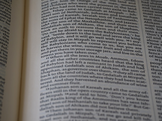 A close-up view of an open book showing text in English, with the main focus on the text in the center of the page. The edges of the pages are slightly curved, and the lighting casts gentle shadows.