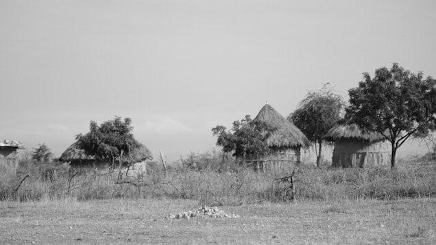 A black and white image depicting several traditional thatched huts with cone-shaped roofs surrounded by trees and dry grass. The sky appears overcast, contributing to a serene rural landscape.
