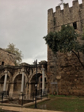An ancient stone archway with columns is situated next to a large, sturdy stone tower. The surrounding area includes some greenery and a modern streetlamp, with a sign reading 'Hadrian Kapisi' visible. The sky is overcast, giving the scene a somewhat dramatic and historic atmosphere.