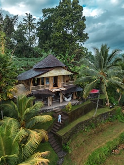 A two-story house made of natural materials, possibly bamboo, is nestled in a lush tropical setting. Tall palm trees and dense greenery surround the house, creating a serene and secluded atmosphere. A hammock hangs on the lower level porch, and stone steps lead up to the entrance where a person stands, dressed casually.