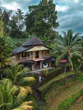 A two-story house made of natural materials, possibly bamboo, is nestled in a lush tropical setting. Tall palm trees and dense greenery surround the house, creating a serene and secluded atmosphere. A hammock hangs on the lower level porch, and stone steps lead up to the entrance where a person stands, dressed casually.