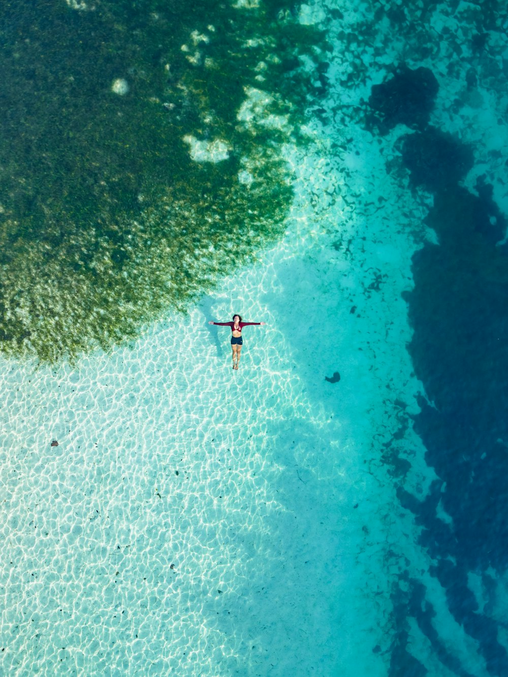 an aerial view of a person in a body of water