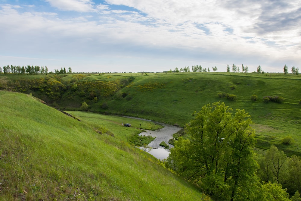 a lush green hillside with a river running through it