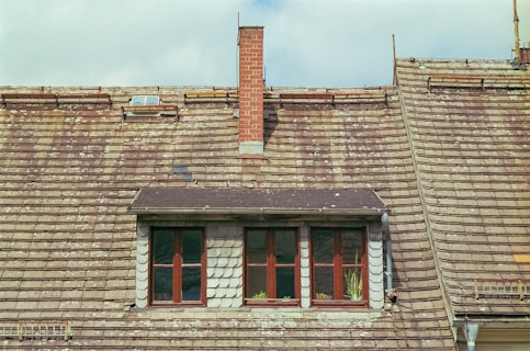 An old, weathered roof with overlapping shingles that have signs of wear and moss growth. A small brick chimney protrudes from the roof. There is a dormer window with two large windows, accented by white framing. Some green plants are visible on the windowsill.