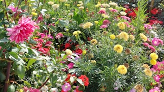 A lively acrylic painting of a bustling garden filled with various blooming flowers.