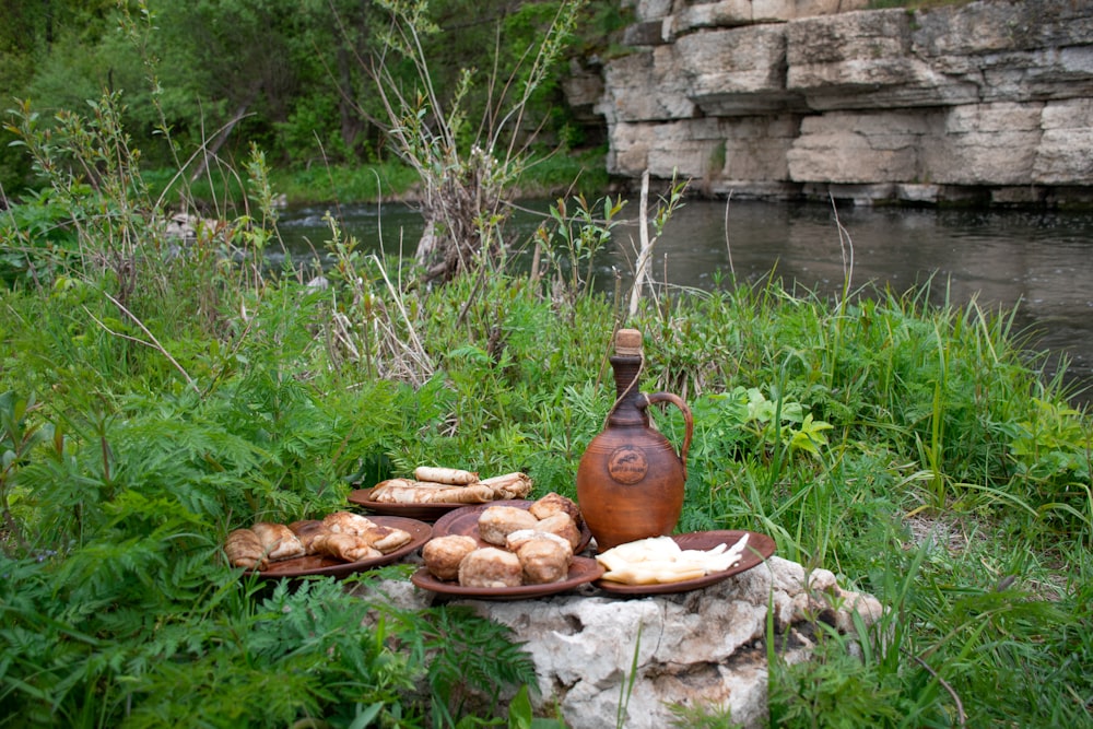 a plate of food sitting on top of a rock next to a river