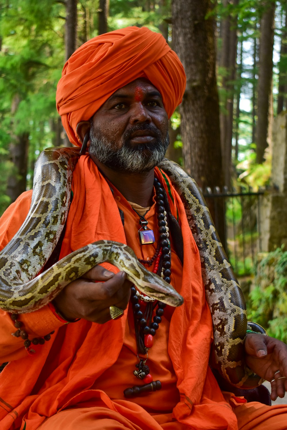 a man in an orange turban holding a snake
