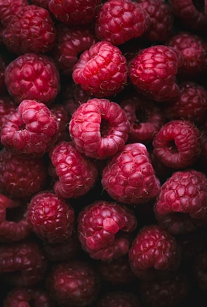 A close-up view of multiple ripe, red raspberries clustered together, showcasing their detailed texture and vivid color.