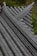 A detailed view of traditional tiled roofing with overlapping grey tiles, highlighted by the shadows and textures of the tile design. The roof is set against a backdrop of lush green foliage, providing a natural contrast.