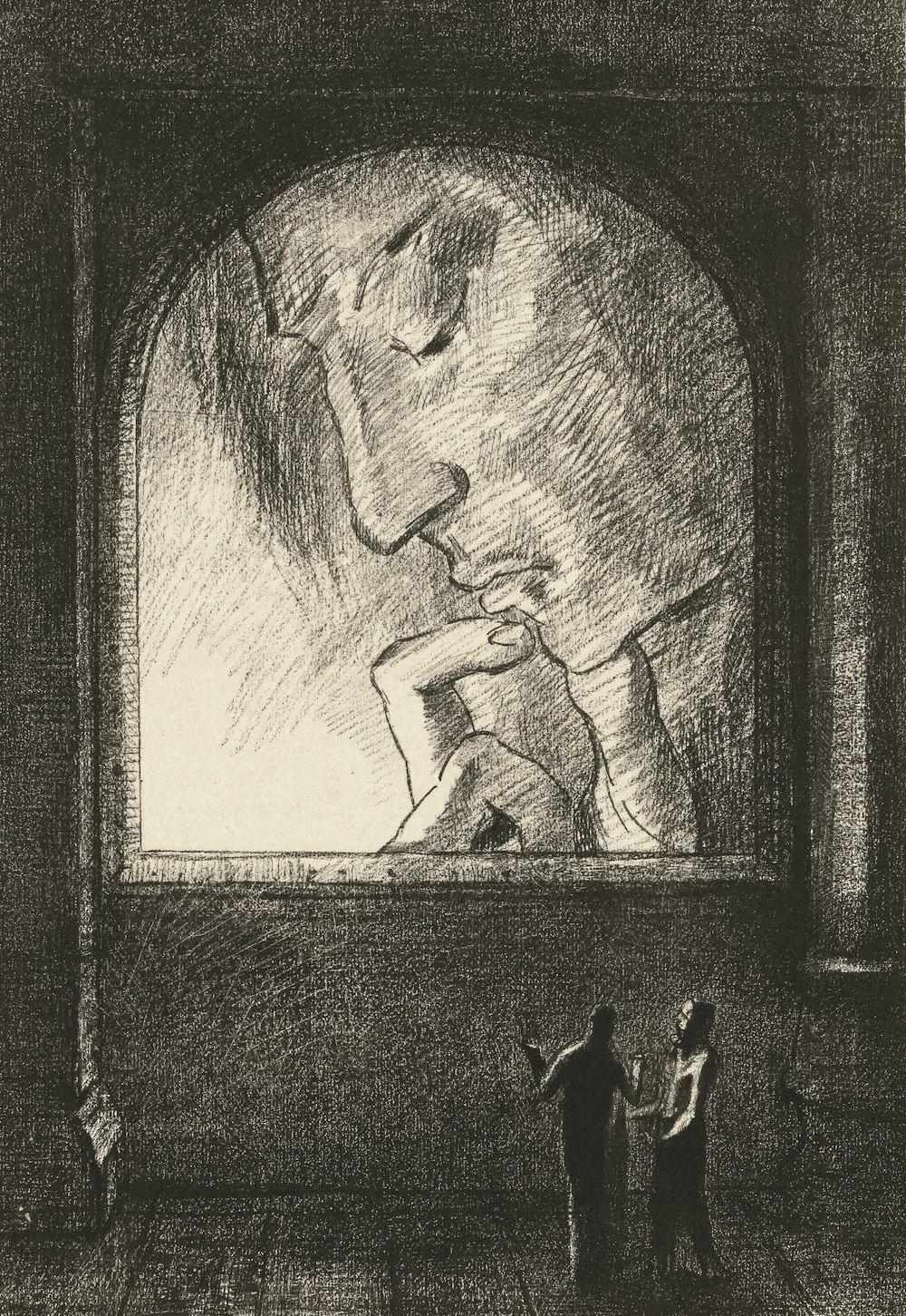 a drawing of two people standing in front of a painting