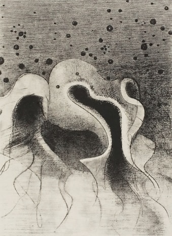 An abstract, monochromatic artwork featuring swirling, organic shapes with tendril-like extensions. Dark spots of varying sizes scatter across the upper portion, contrasting with the smooth, fluid curves in the lower half.