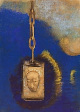 A surreal painting featuring a brown chain hanging vertically with a rectangular object at the end. The object displays a sculpted face, conveying a contemplative expression. It hangs against a deep blue background, creating an atmospheric and mystical ambiance. Patches of golden and light tan hues add a reflective quality to the scene.