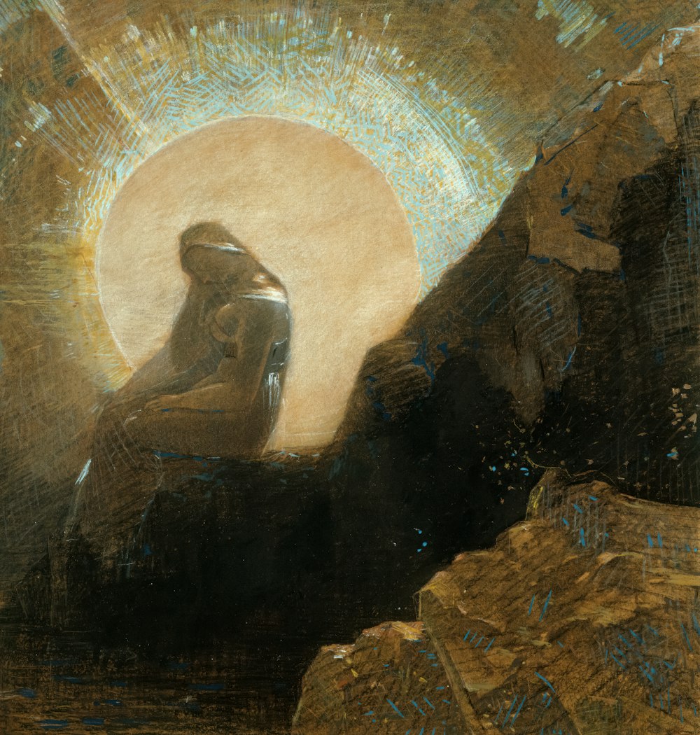 a painting of a woman sitting on a rock