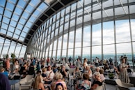 A panoramic view of an event space styled with global influences.