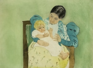 A woman with dark hair sits on a chair, holding a small child with blond curly hair. The child appears to be crying. The woman is dressed in a blue outfit with intricate patterns, while the child is wrapped in a white garment. The background is a muted green color, and the scene evokes a sense of nurturing and calm despite the child's distress.