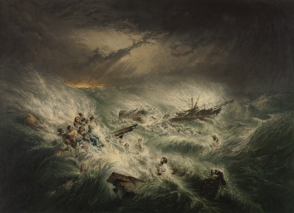 uma pintura de pessoas em um barco em um mar tempestuoso