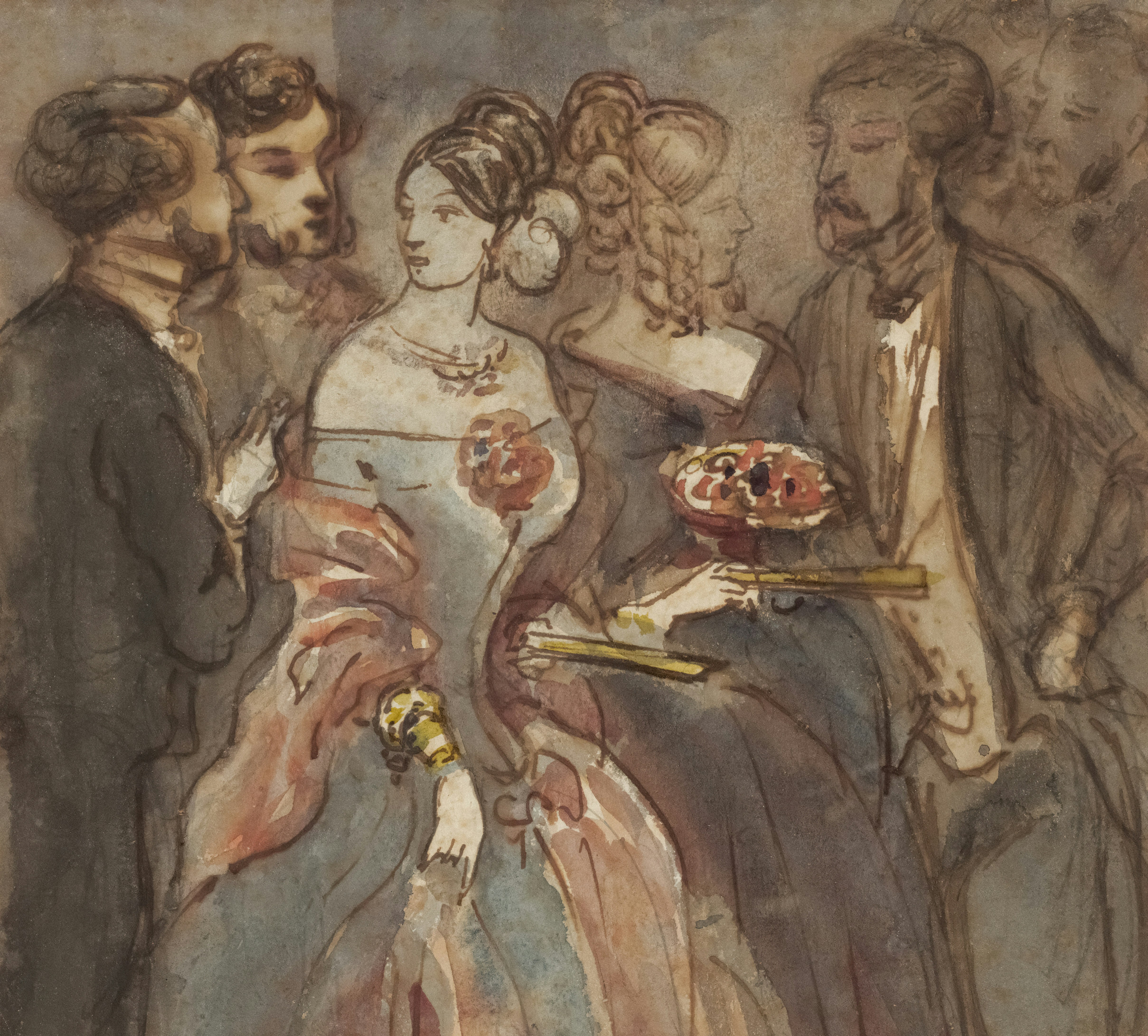 ein gemälde von einem mann und einer frau, die ein tablett mit essen halten