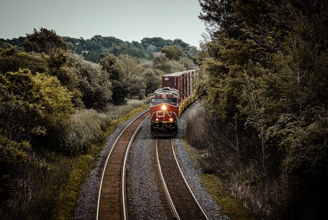 Freight truck driving on a highway at dusk