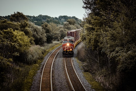 A freight train with multiple cargo containers travels along a curved railway track surrounded by dense, lush green trees. The train is predominantly red and is moving through a heavily wooded area under an overcast sky.