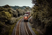 A freight train with multiple cargo containers travels along a curved railway track surrounded by dense, lush green trees. The train is predominantly red and is moving through a heavily wooded area under an overcast sky.