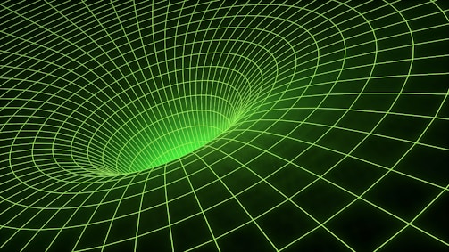 A green grid forms a three-dimensional tunnel-like structure or vortex against a dark background. The lines are evenly spaced and create a sense of depth and motion.