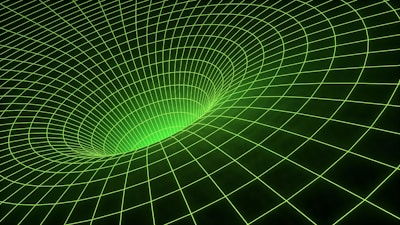 A green grid forms a three-dimensional tunnel-like structure or vortex against a dark background. The lines are evenly spaced and create a sense of depth and motion.